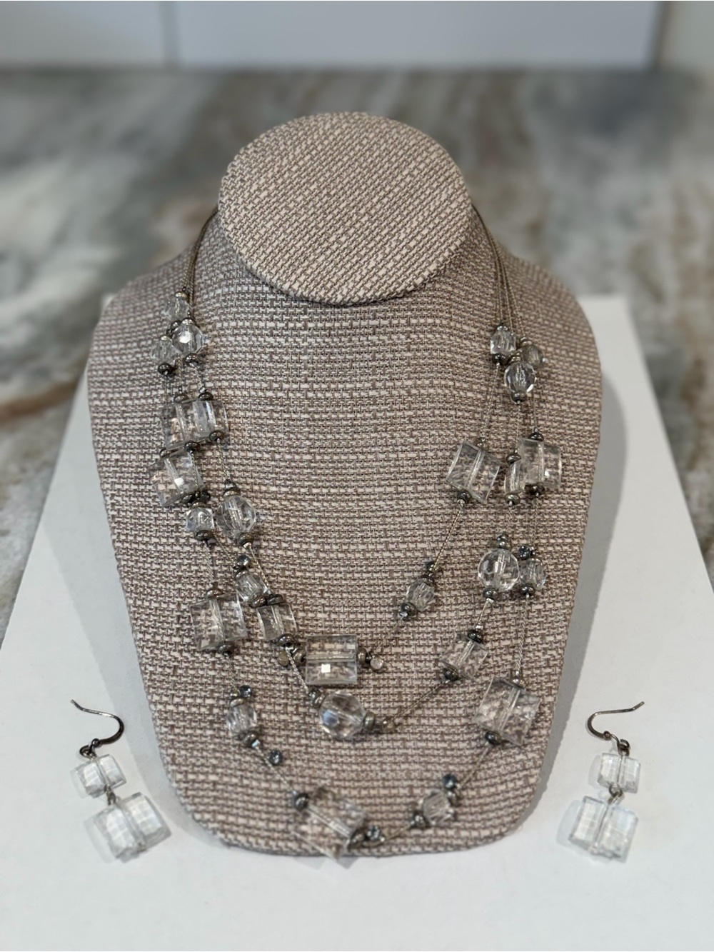 Elegant Clear Crystal Multi-Strand Necklace & Earrings Set